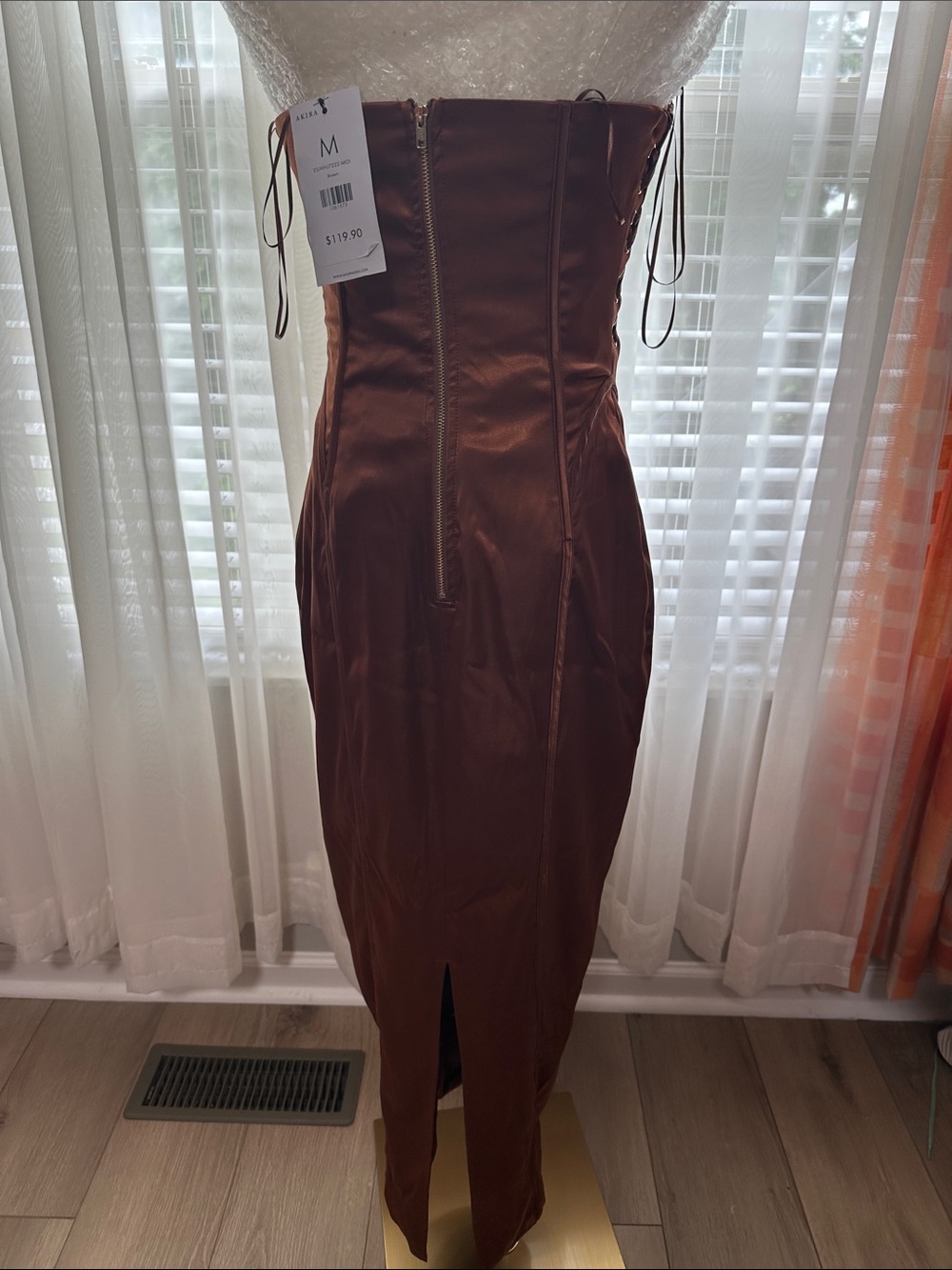 AKIRA Strapless Corset Satin Midi Dress in Chocolate Brown - Picture 6 of 10